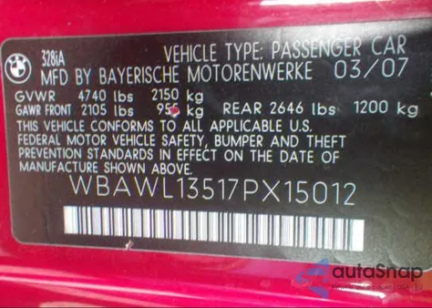 2007 BMW 328I from USA, damaged, VIN WBAWL13517PX15012